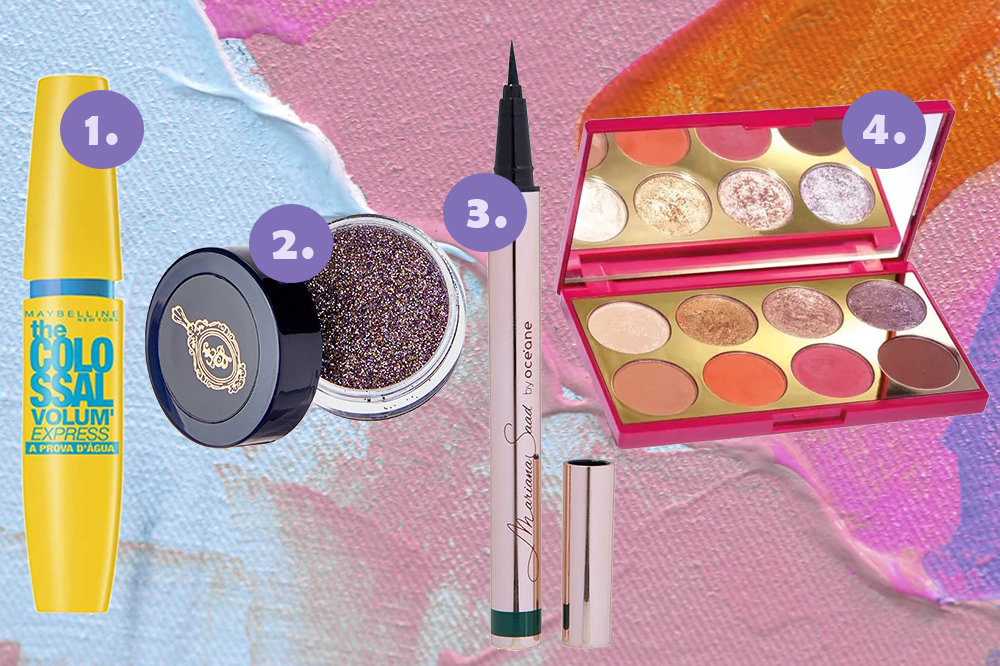 Montage on a blue, pink and orange background with four makeup products to use at a music festival: eyelash mascara, lilac glitter, green eyeliner and eyeshadow palette
