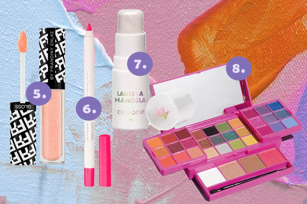 Montage on a blue, pink and orange background with four makeup products to use at a music festival: lip gloss, pink pencil, stick highlighter and colored eyeshadow palette