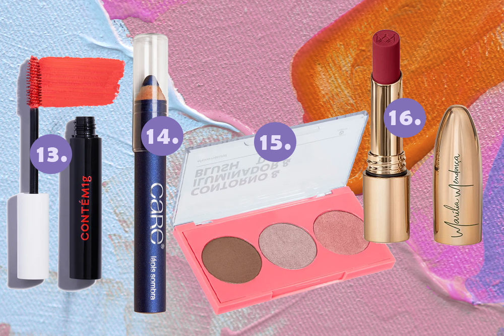 Montage on a blue, pink and orange background with four makeup products to use at a music festival: red eyelash mascara, blue pencil, trio of highlighters and contour and red lipstick