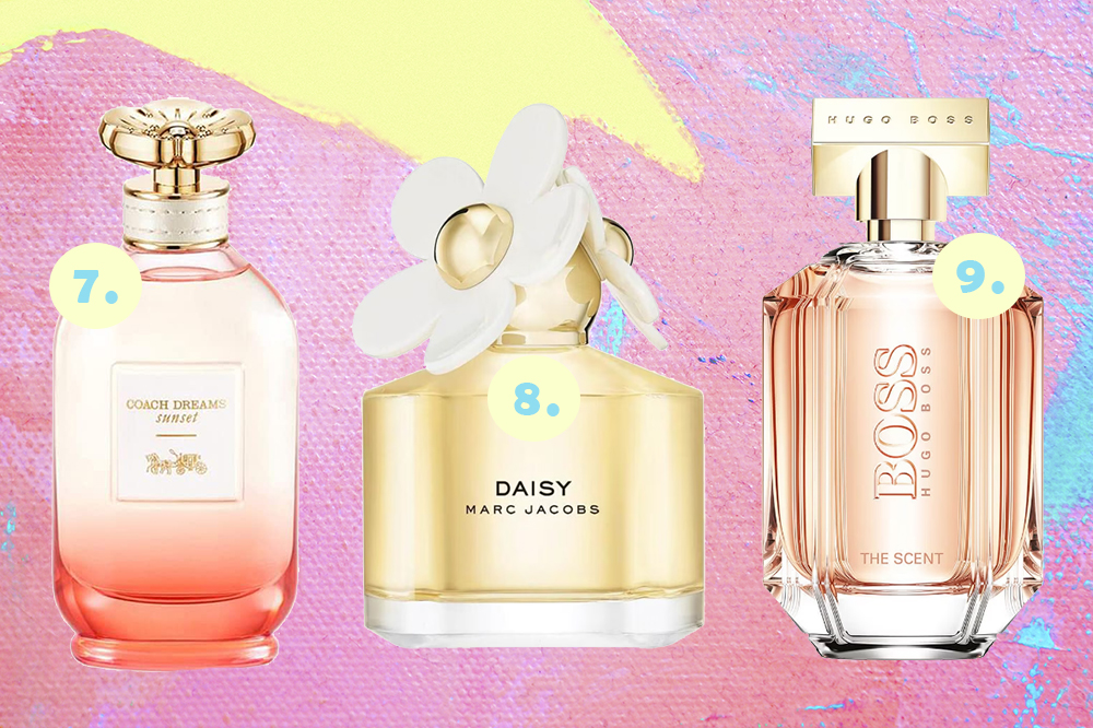 Montagem em fundo amarelo, rosa e azul pastel com três frascos de perfumes