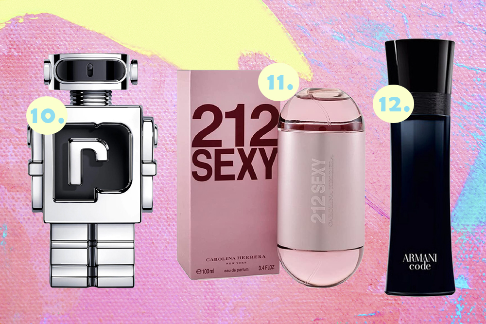 perfumes-em-promoção-04 Montagem em fundo amarelo, rosa e azul pastel com três frascos de perfumes