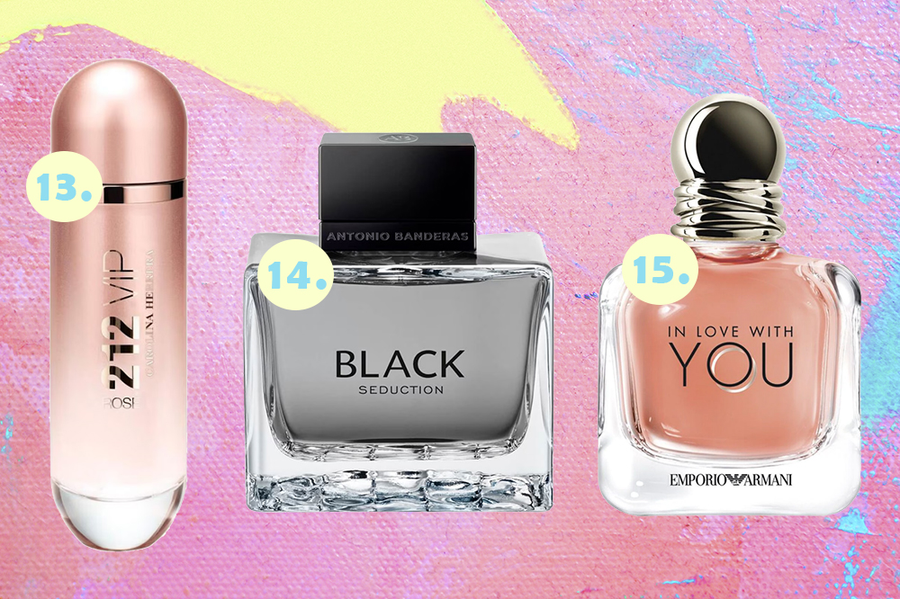 perfumes-em-promoção-05 Montagem em fundo amarelo, rosa e azul pastel com três frascos de perfumes