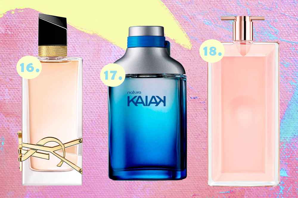 Montagem em fundo amarelo, rosa e azul pastel com três frascos de perfumes