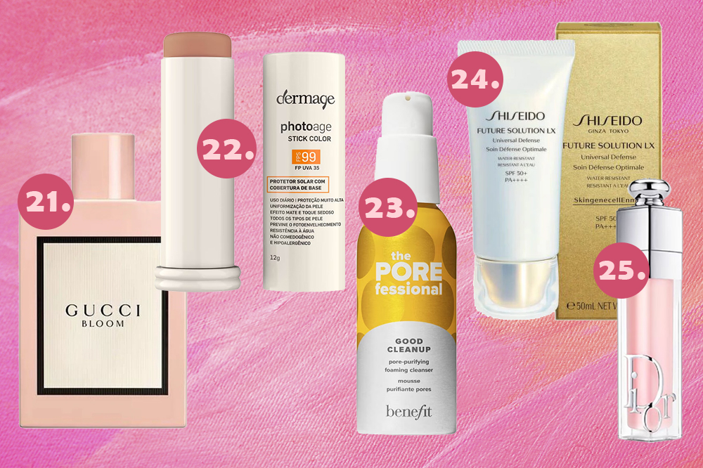 Montagem em fundo rosa com produtos de beleza: perfume, protetor solar com cor, espuma higienizadora, hidratante facial e gloss de volume