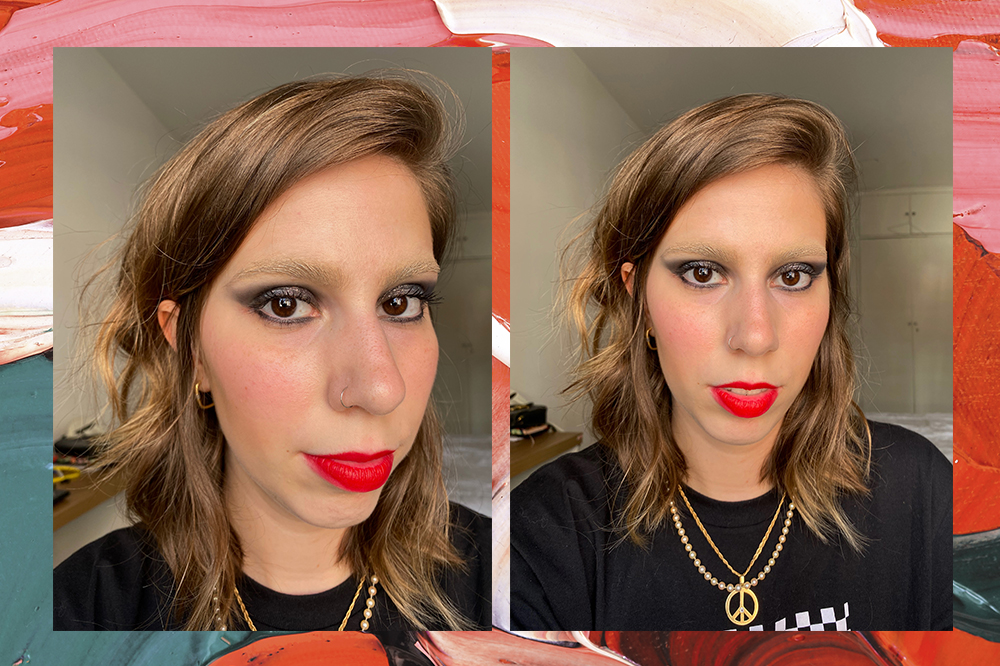 Duas fotos da Sofia Duarte, repórter de moda e beleza da CH, testando sobrancelhas descoloridas com corretivo. Montagem em fundo vermelho, verde e rosa