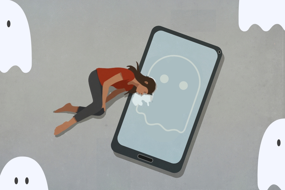 ilustração de uma mulher chorando em cima de uma tela de celular