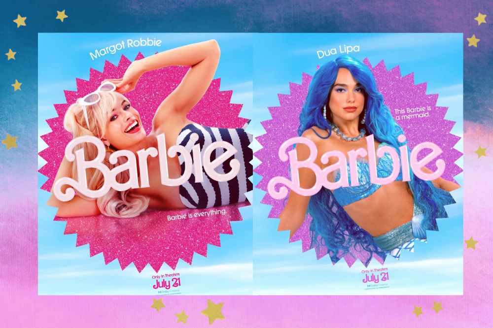 Pôster de Barbie; no primeiro Margot Robbie e no segundo Dua Lipa com o cabelo azul; a margem é uma textura nas cores azul, roxo, rosa, lilás e branco com estrelas amarelas como decoração
