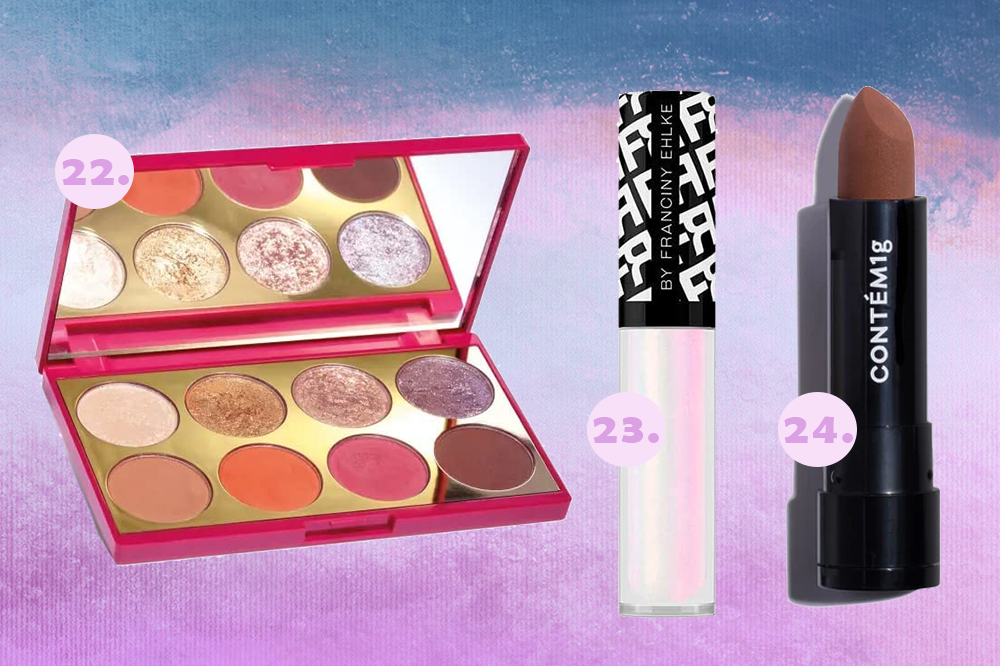 produtos-de-maquiagem-necessaire-08 Produtos de maquiagem para levar no nécessaire: paleta de sombras, gloss e batom matte marrom. Montagem em fundo degradê azul e lilás