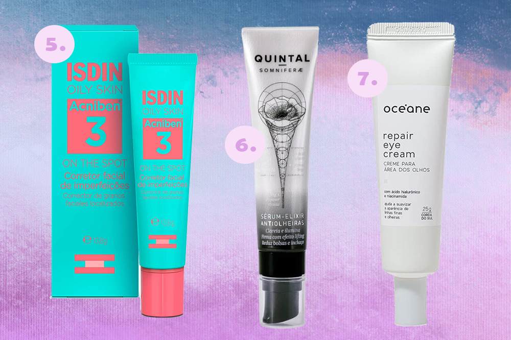 produtos-de-skincare-necessaire-02 Produtos de skincare para levar no nécessaire: secativo de espinhas e cremes para região dos olhos. Montagem em fundo degradê azul e lilás