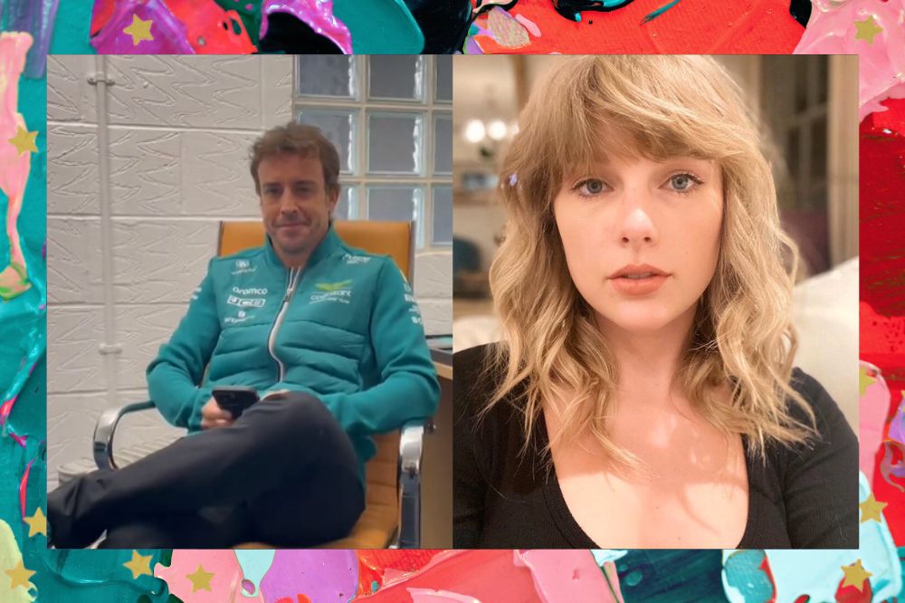 Imagens de Fernando Alonso e Taylor Swift; ele está sentado em uma cadeira sorrindo; ela está com expressão neutra em uma selfie; a margem é uma textura nas cores lilás, verde, roxo, vermelho e rosa; estrelas amarelas decoram a imagem