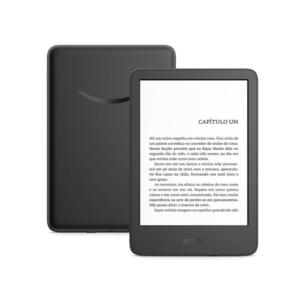A imagem de um Kindle frente e verso, com uma página de livro aberta na parte da frente, em um fundo branco