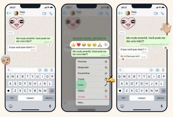 Na imagem aparecem lado a lado três telas de conversas do WhatsApp, mostrando o recurso de edição