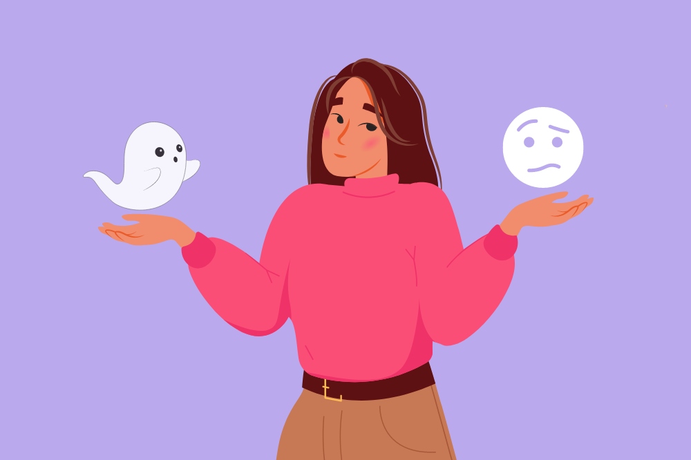 ilustração de uma moça segurando um fantasma e um emoji com cara confusa