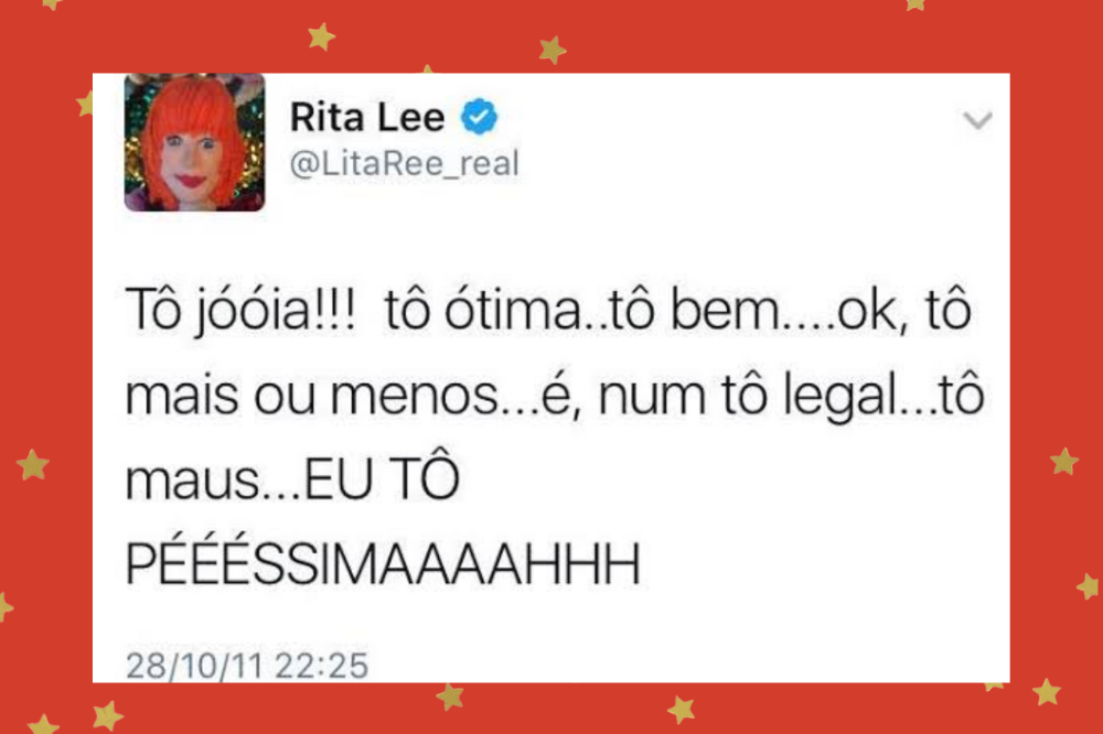 Tweet da cantora Rita Lee com fundo vermelho