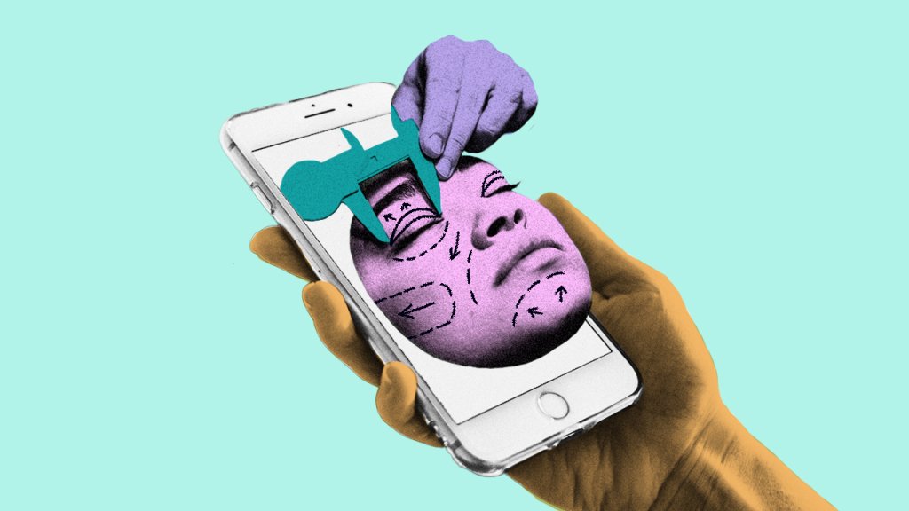 Ilustração em fundo azul turquesa com mão segurando o celular que possui uma imagem de rosto sendo "medido" para cirurgia plástica