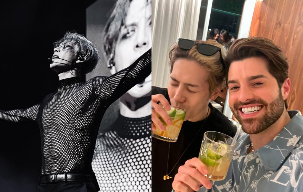 Duas imagens de Jackson Wang e Alok; na primeira ele está no show; a segunda é uma selfie do cantor bebendo ao lado de Alok
