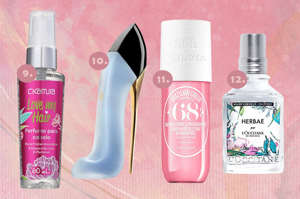perfumes-para-cabelo-03 Montagem em fundo rosa com quatro perfumes para cabelo