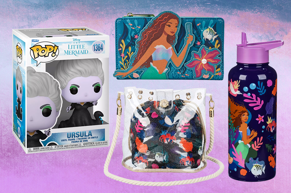 Produtos de A Pequena Sereia da Disney: funko, bolsa, carteira e garrafinha d'água. Montagem em fundo degradê azul e lilás