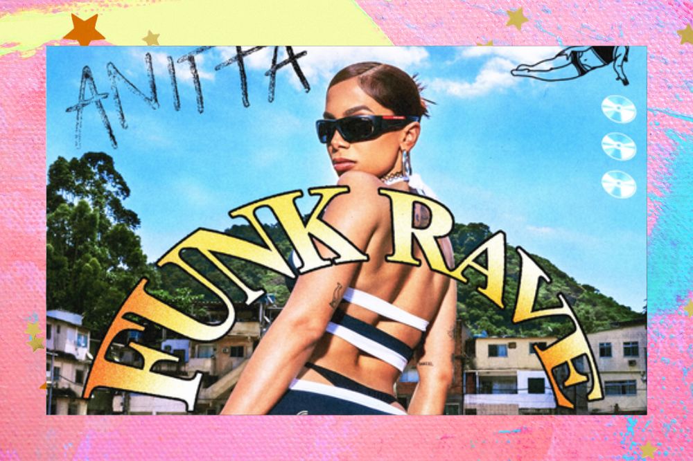 Anitta na capa do single intitulado Funk Rave. Fundo rosa e amarelo com estrelas douradas.