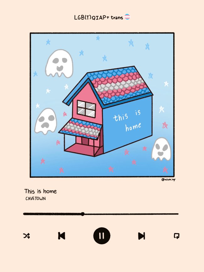 Ilustra de uma casa azul e rosa e em volta o desenhos de fantasminhas