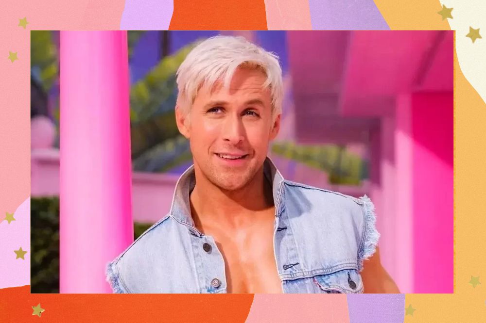 Foto do ator Ryan Gosling caracterizado de Ken, namorado da Barbie. Fundo colorido com tons de vermelho, rosa e lilás