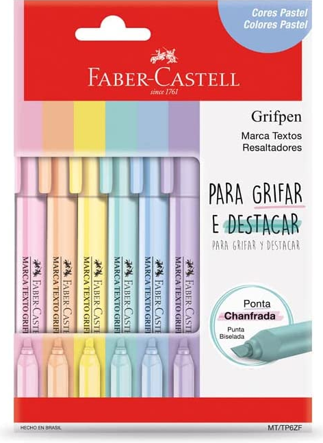 Um jogo de canetas marca-texto Faber Castell Grifpen, com seis cores pastéis.