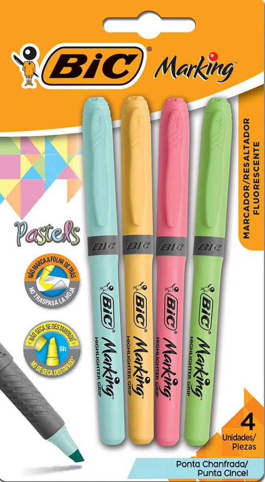 Três canetas marca-texto, nas cores: azul, amarela, rosa e verde