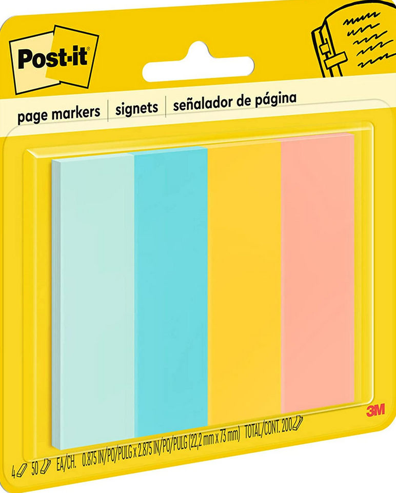 Pacote de post-it, com marcadores azul claro e escuro, amarelo e rosa