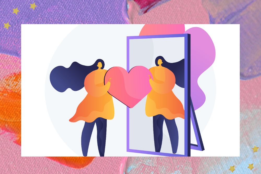 Ilustração de uma mulher se olhando no espelho e segurando um coração