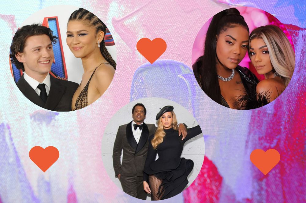 Em um fundo colorido aparece a foto de Zendaya junto com Tom Holland, Ludmilla e Brunna Gonçalves e Beyoncé e J-zay