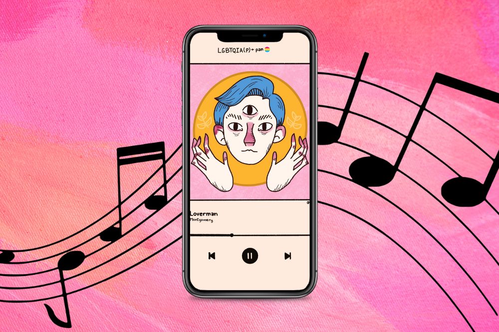 No fundo rosa, aparecem notas musicais e um celular tocando música