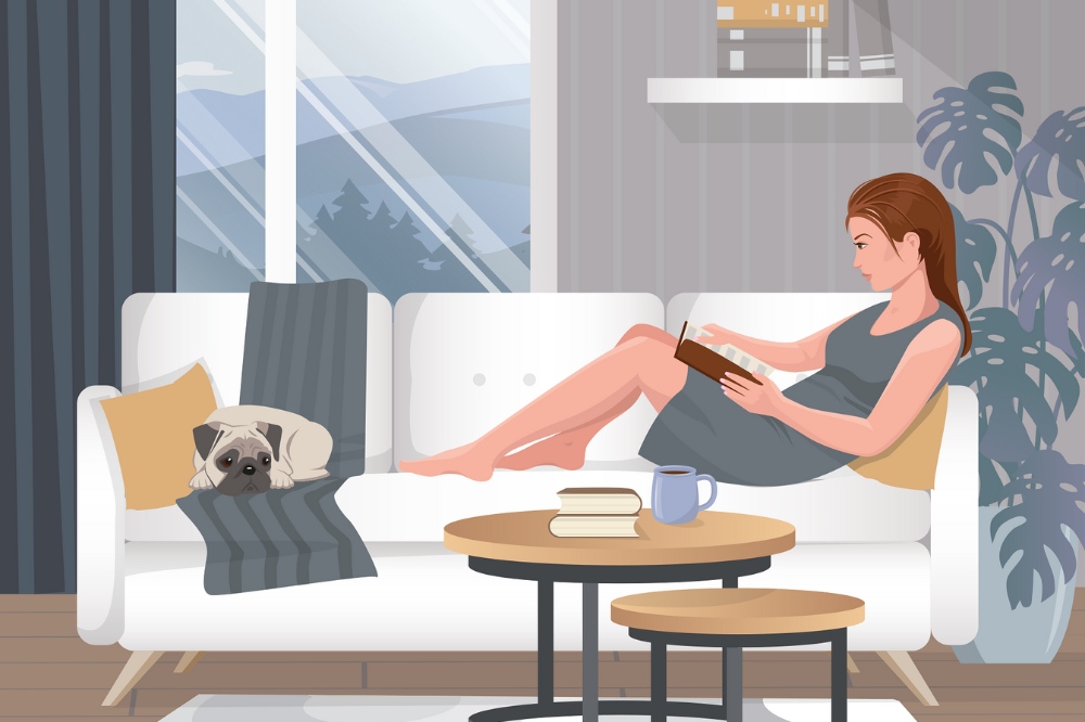 ilustração de uma mulher de cabelos castanhos e pele branca sentada em um sofá branco com um cachorrinho ao seu lado