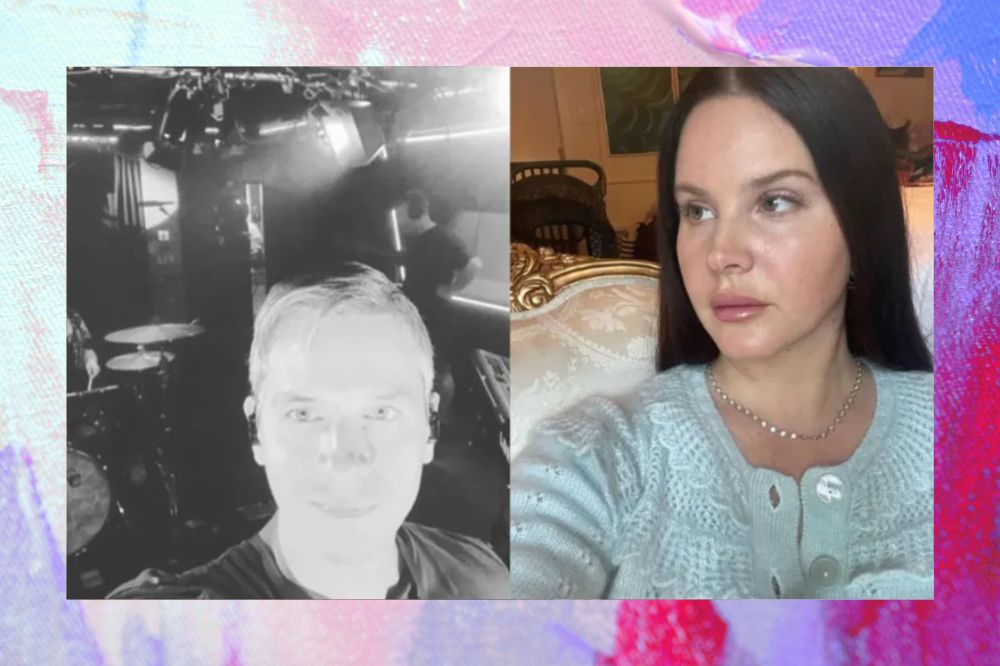 Selfie em preto e branco de Will Whitney no estúdio (esquerda). Selfie de Lana Del Rey em casa (direita). Fundo em tons de roxa, rosa e azul.