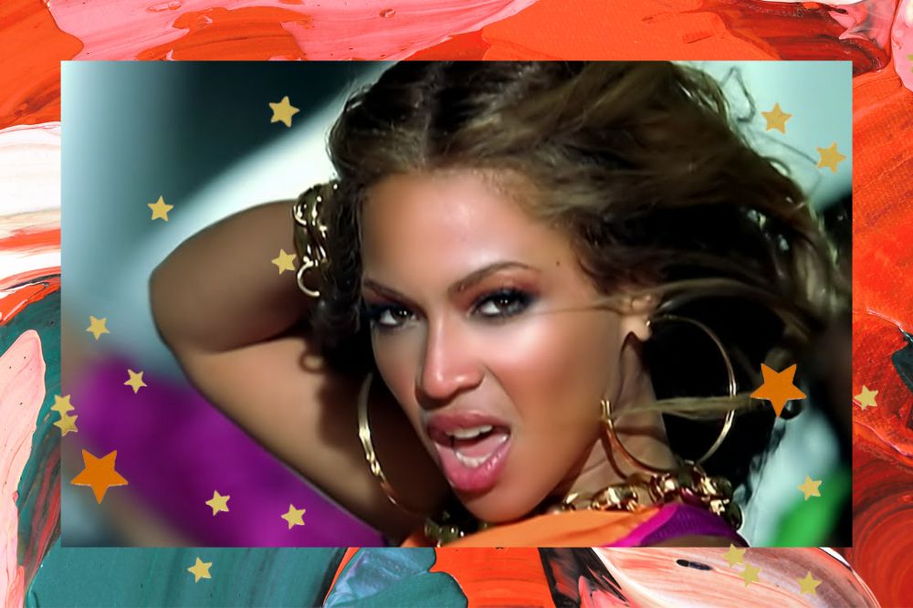 A montagem tem o fundo nas cores laranja e verde. No centro, Beyonce está olhando diretamente para a camera com a boca aberta e uma mão no cabelo. Ela está usando um brinco grande de argola.