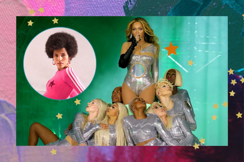 Monatgem com fundo nas cores rosa, lilás e verde. Na imagem principal, Beyoncé está usando um figurino prata junto das dançarinas que aparecem perto das pernas dela. No canto superior direito há a imagem da Laiza de Moura usando um body rosa.