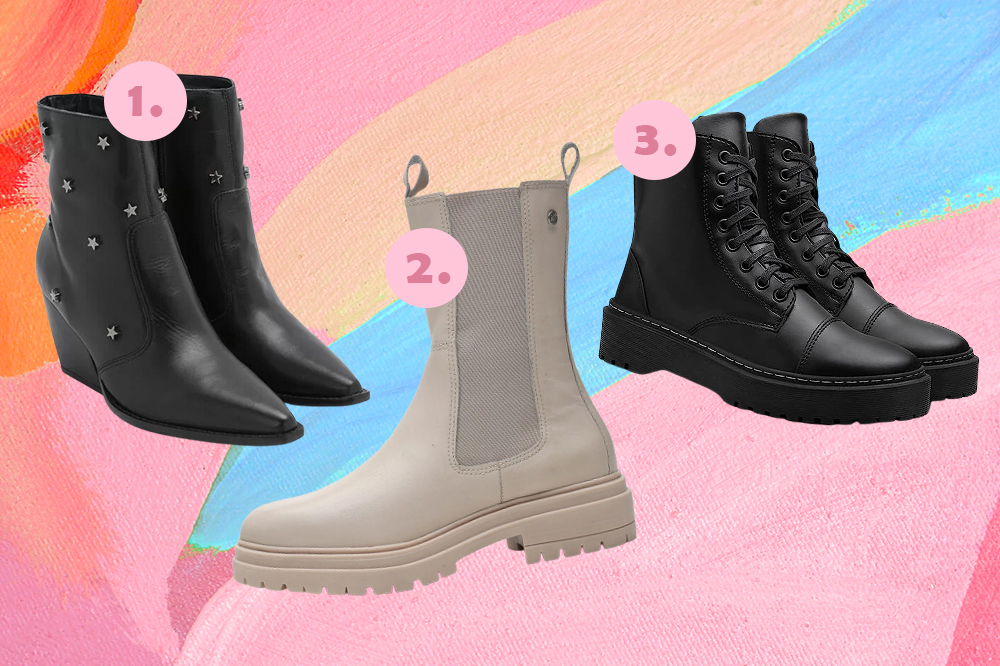 botas-tendencia-outono-inverno-2023-01 Botas para montar looks no outono-inverno 2023. Montagem em fundo rosa, laranja e azul