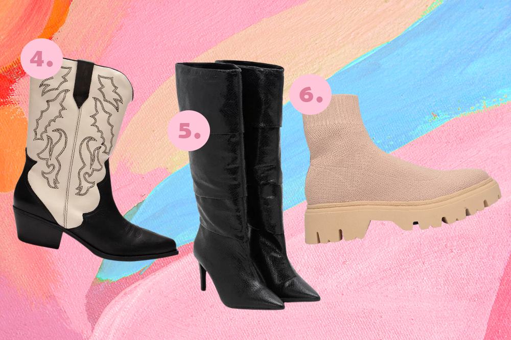 botas-tendencia-outono-inverno-2023-02 Botas para montar looks no outono-inverno 2023. Montagem em fundo rosa, laranja e azul