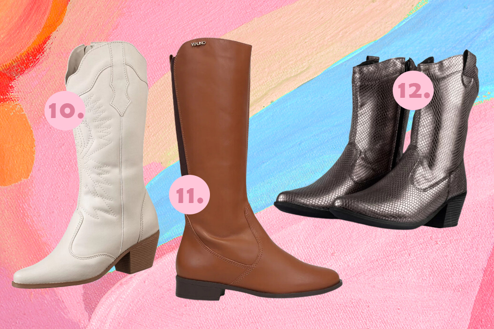 botas-tendencia-outono-inverno-2023-04 Botas para montar looks no outono-inverno 2023. Montagem em fundo rosa, laranja e azul