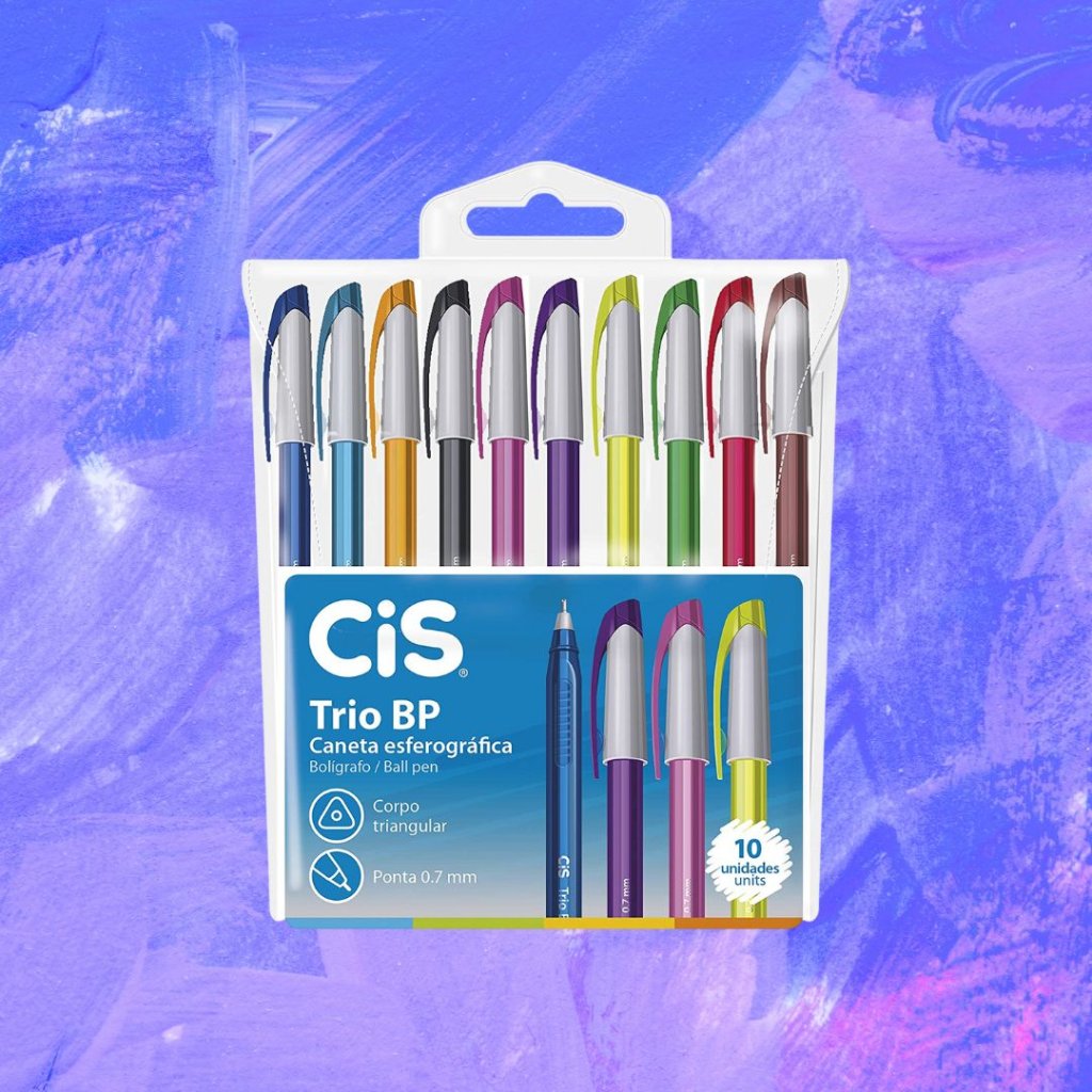 Imagem de um kit de canetas coloridas em um fundo em tons de roxo, lilás, rosa e branco