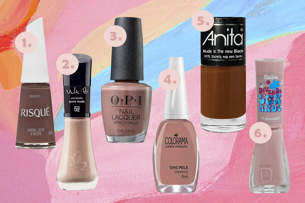 esmaltes-nudes-unhas-garotas-ricas Seis opções de esmaltes em diferentes tons de nude. Montagem em fundo rosa, laranja e azul