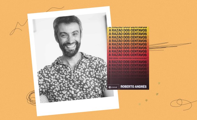 Homem com camisa estampada ao lado de livro amarelo e vermelho escrito 'a razão dos centavos'