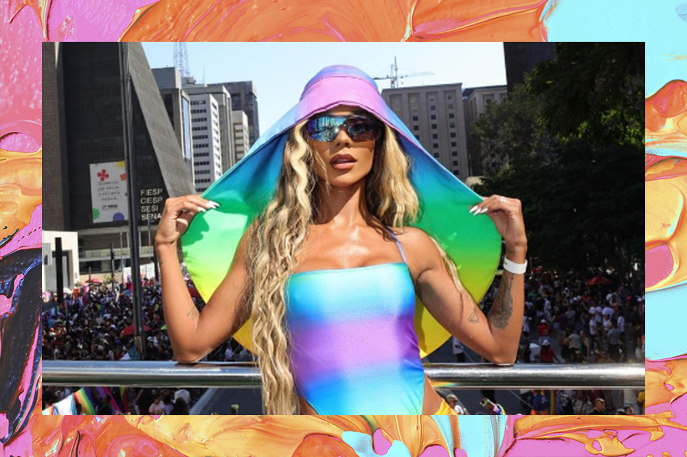 Brunna Gonçalves na Parada LGBT+ de São Paulo. Montagem em fundo laranja, rosa, amarelo e azul