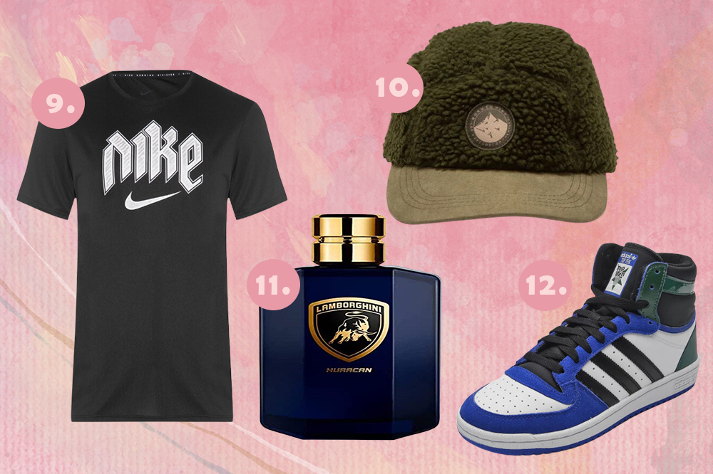Montagem em fundo rosa com quatro sugestões de presentes para o Dia dos Namorados: camiseta da Nike, boné, perfume e tênis azul e verde da Adidas