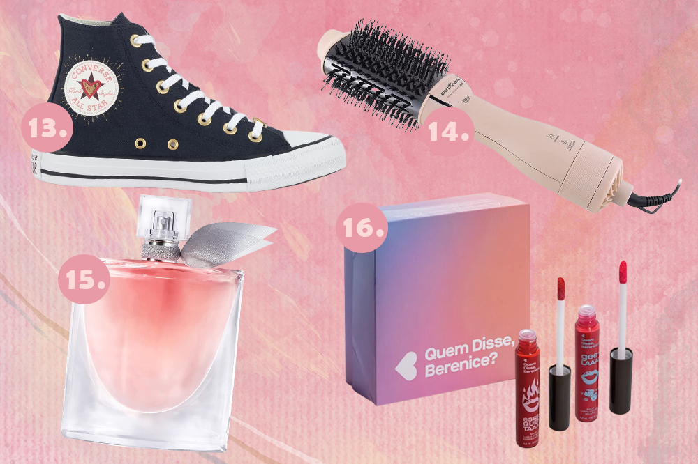 Montagem em fundo rosa com quatro sugestões de presentes para o Dia dos Namorados: tênis Converse, escova secadora, perfume Lancôme e kit de batons