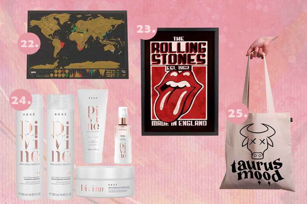 Montagem em fundo rosa com quatro sugestões de presentes para o Dia dos Namorados: mapa mundi, quadro Rolling Stones, kit de cabelo e ecobag