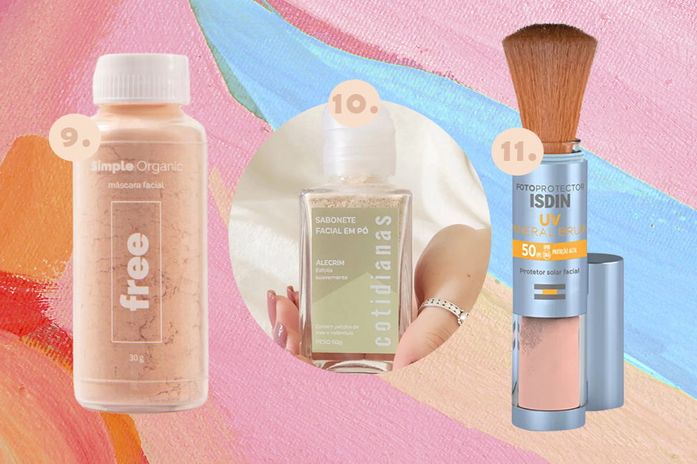 produtos-de-beleza-em-pó-03 Quatro produtos de beleza em pó com montagem em fundo rosa, azul e laranja