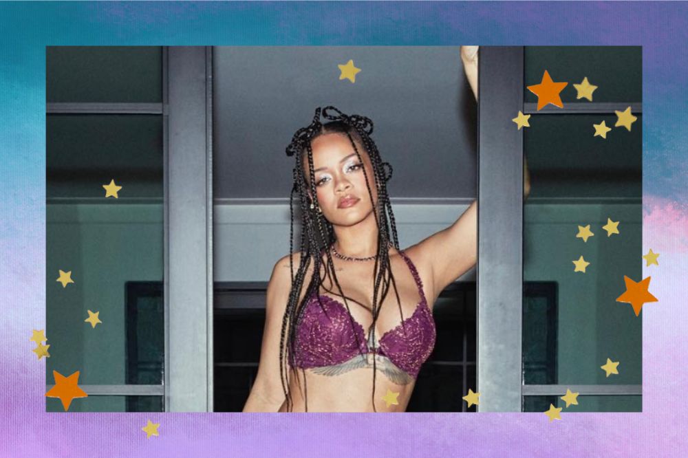 Montagem com fundo azul e lilás. No centro está Rihanna olhando para a camera com o braço direito levantado apoiado em uma porta. Ela está de tranças e usa um sutiã roxo.