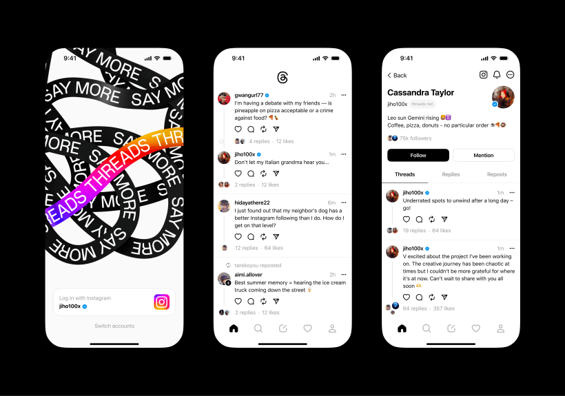 Três telas de celulares uma do lado da outra com o feed do Threads