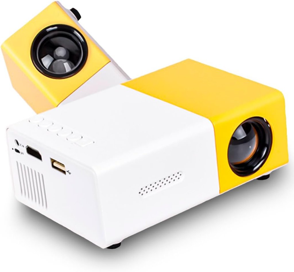 Na imagem aparece um projetor pequeno branco e amarelo