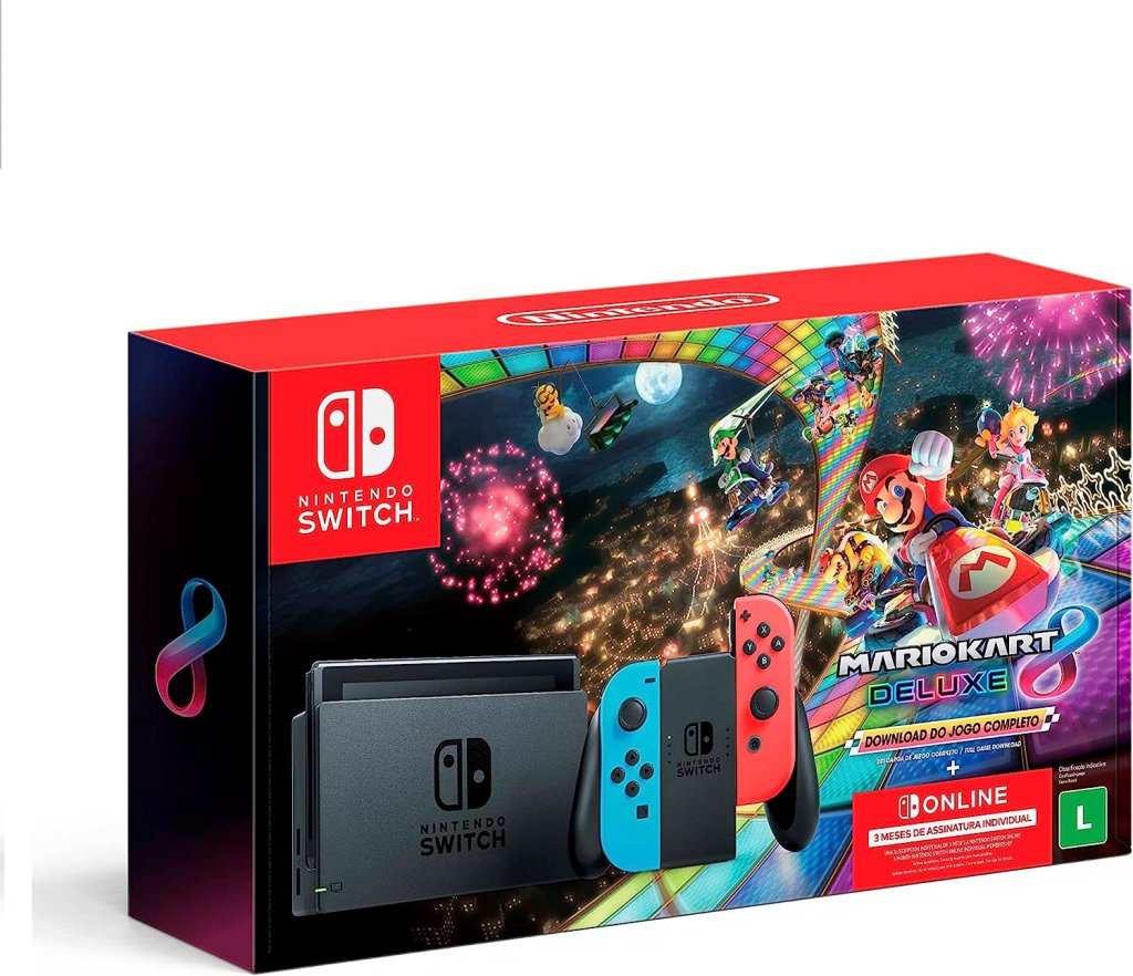 Na image, aparece uma caixa na parte da frente dela está estampado a foto do Mario Bros e do nintendo com os dois controles, um azul e o outro vermelho